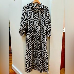 Zara tiered cotton midi dress. Cream and black geometric print. Size XL (12-14).